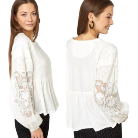 Free People Penny Top Embroidered Sheer Sleeves White Boho Cotton Peplum L - Picture 2 of 11